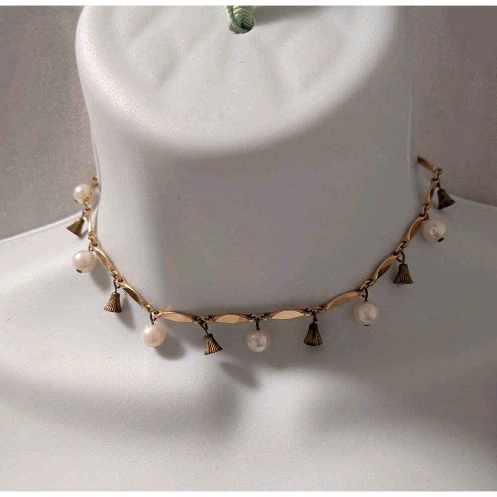 Vintage Gold Tone Dangle Pearl Choker Necklace Curved Bar 15"